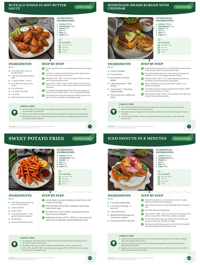 Real pages from the book: Buffalo wings, smash burger with cheddar, sweet potato fries and iced donuts, each with a photo, °F and °C temperature, cook time and step-by-step instructions